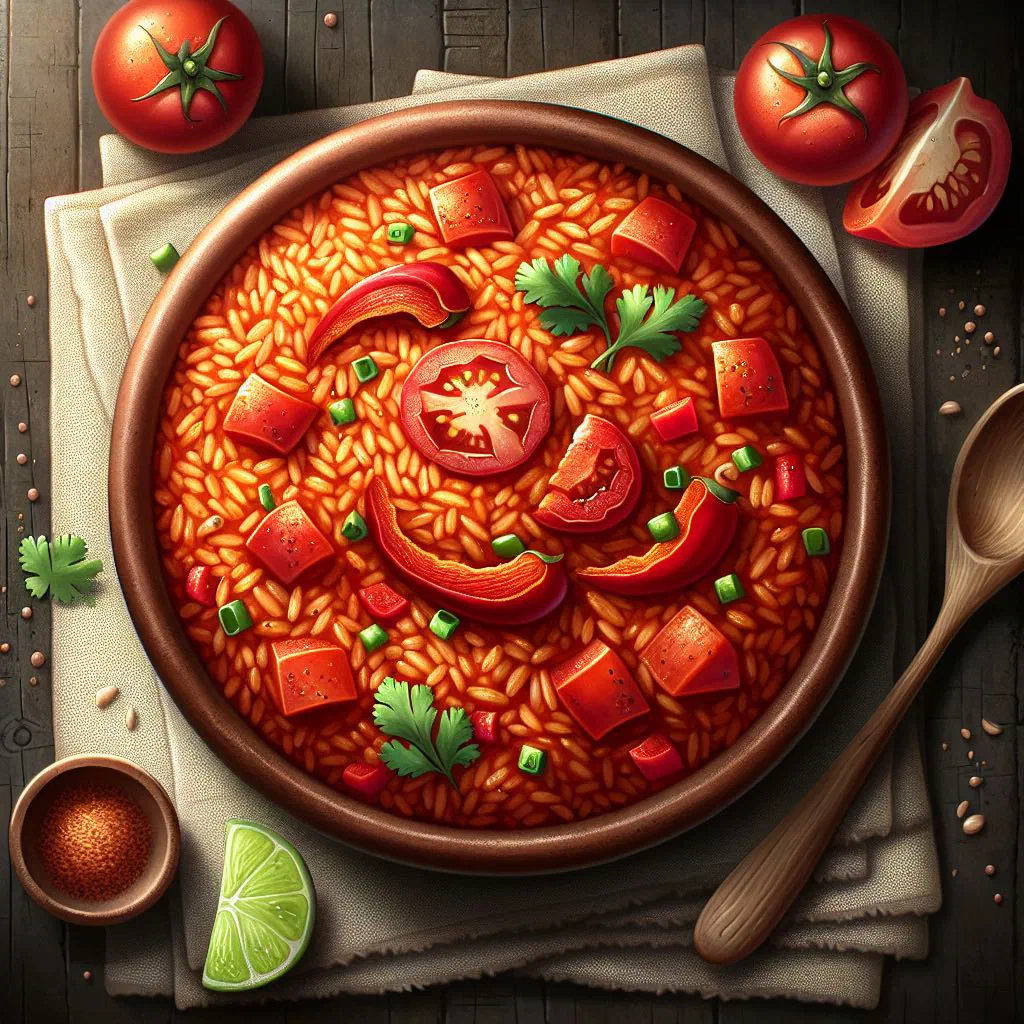 A bowl of red Mexican rice with peas and carrots, garnished with fresh coriander and lime