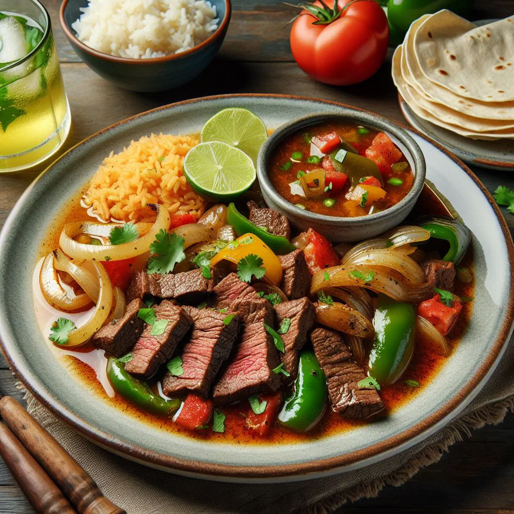 Bistec a la mexicana with beef strips, tomatoes, onions and green peppers