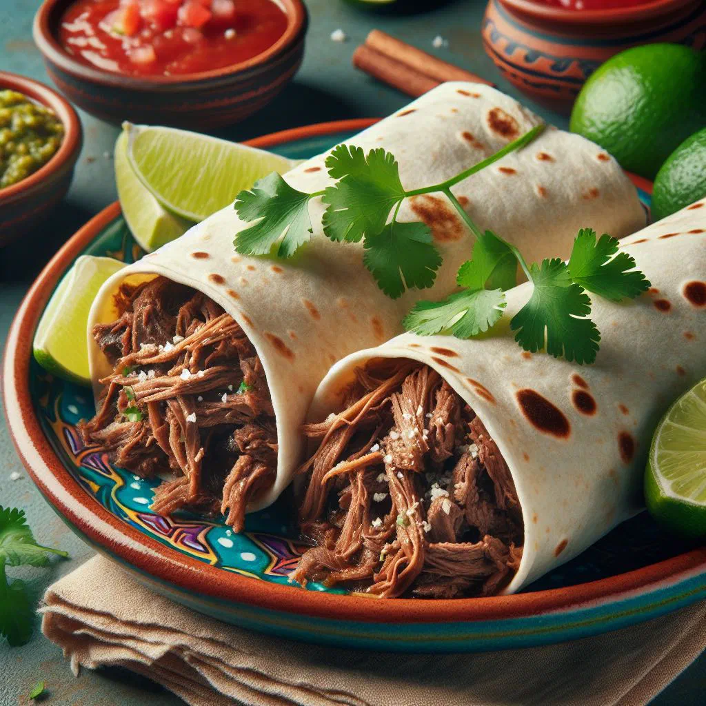 Burritas de machaca filled with shredded beef, served with guacamole and lime