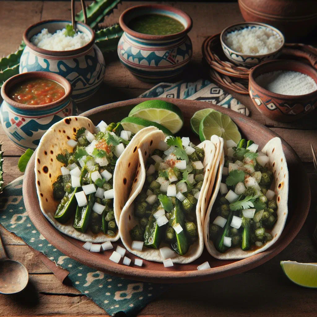 Cactus tacos topped with avocado, tomato and fresh coriander
