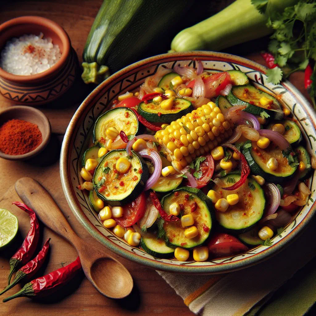 Calabacitas con elote with diced courgette and sweetcorn garnished with coriander