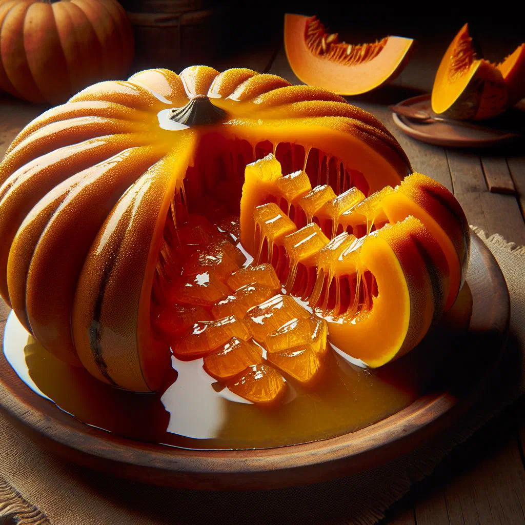 Candied pumpkin pieces in a glossy cinnamon syrup served in a bowl