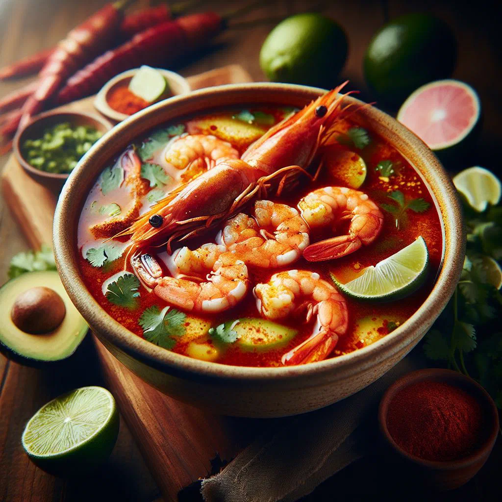 Bowl of caldo de camarón with shrimp, vegetables and fresh coriander