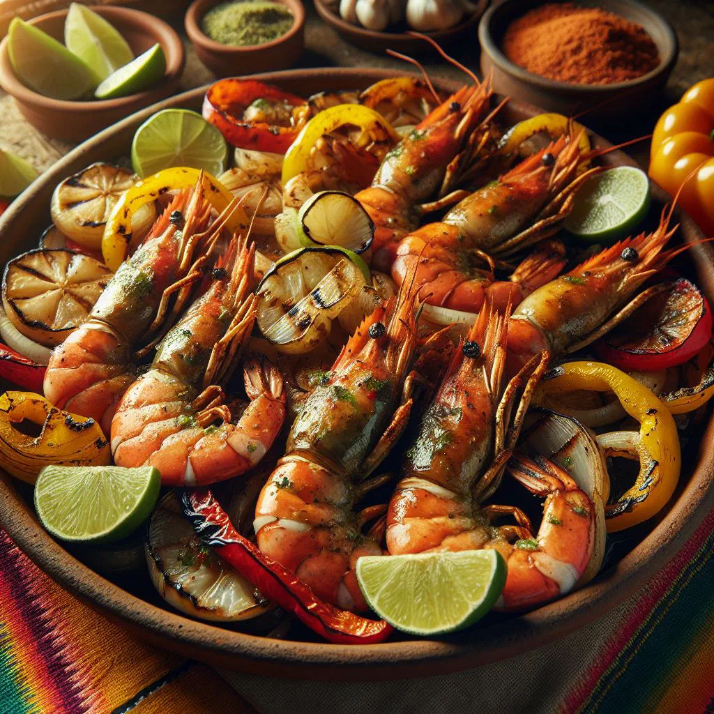 Grilled marinated shrimp garnished with fresh coriander and lime wedges