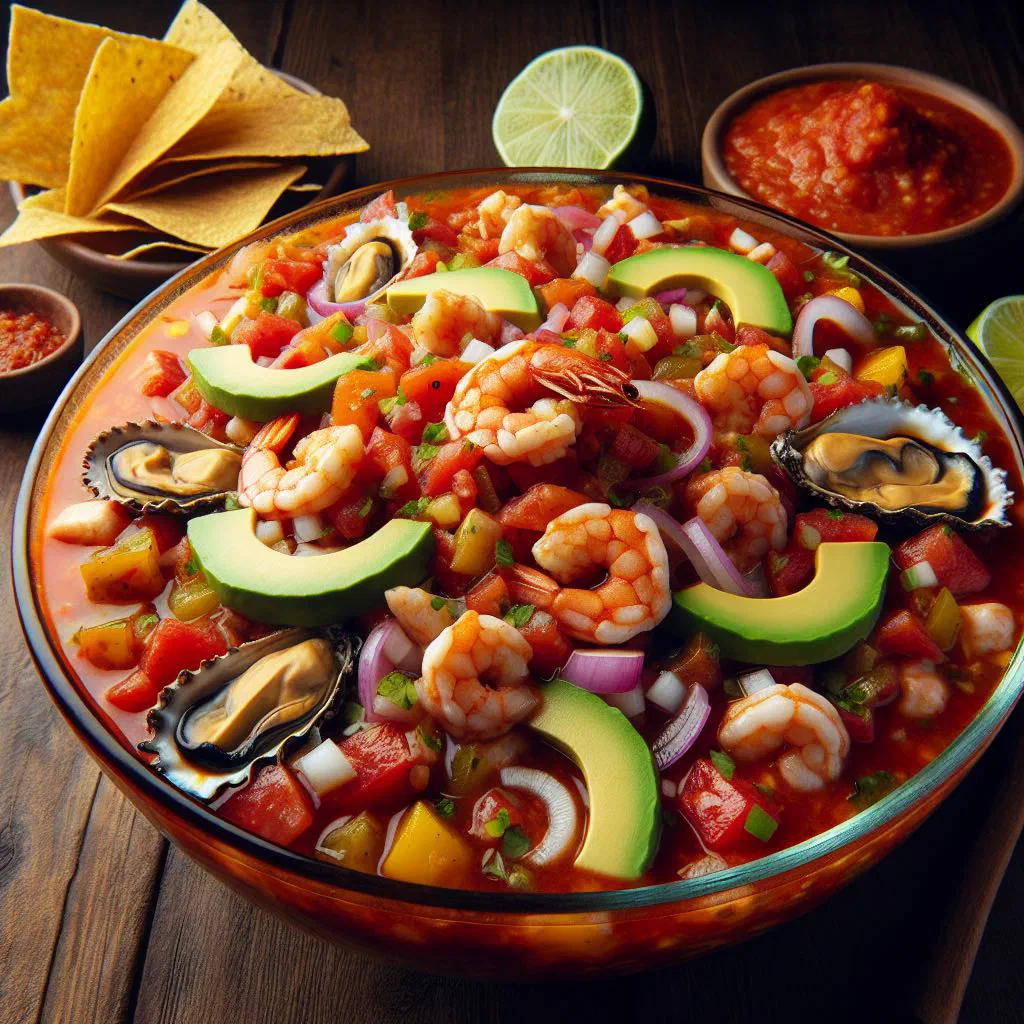 Campechana de mariscos seafood cocktail with prawns, mussels and lime