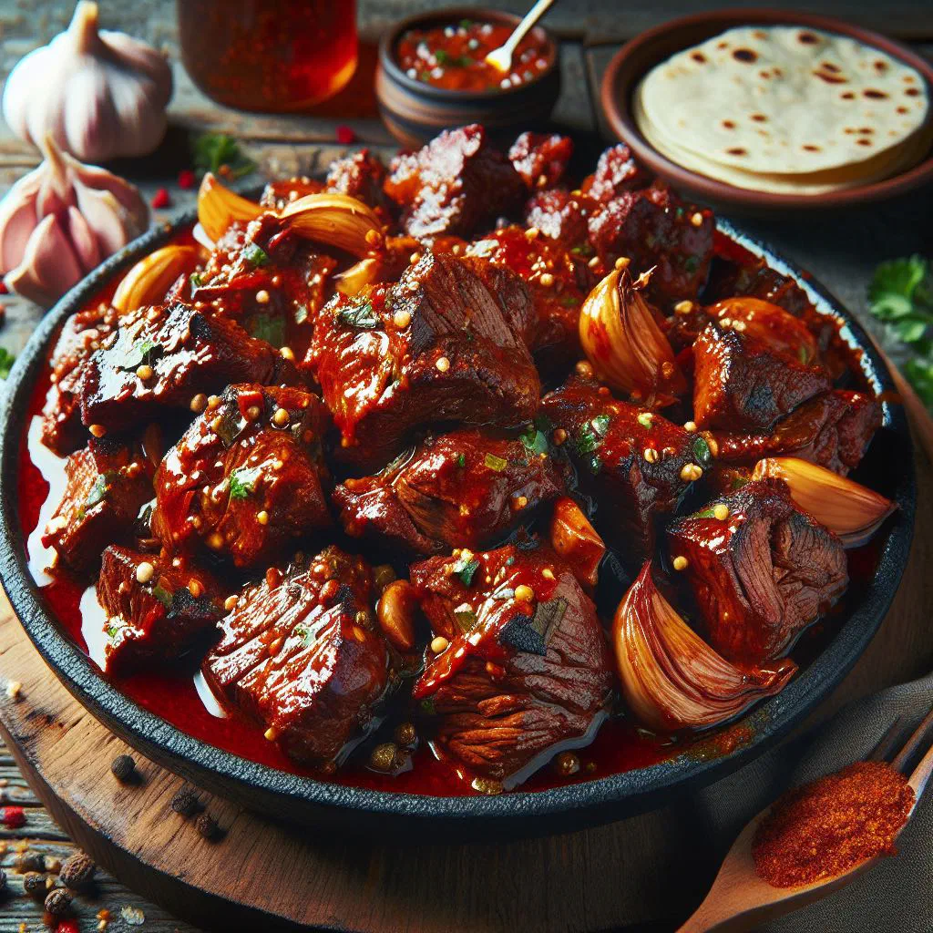 Tender carne en adobo simmered in a rich red chilli marinade