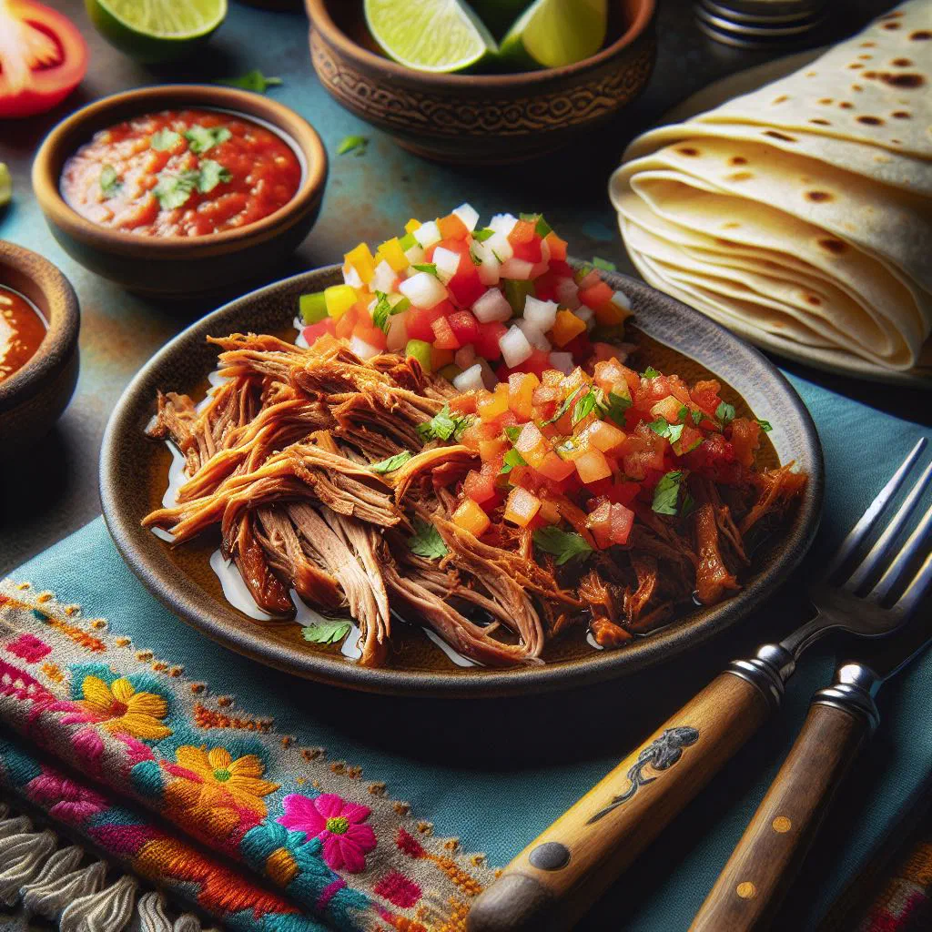 Crispy shredded carnitas served with warm tortillas, lime and salsa