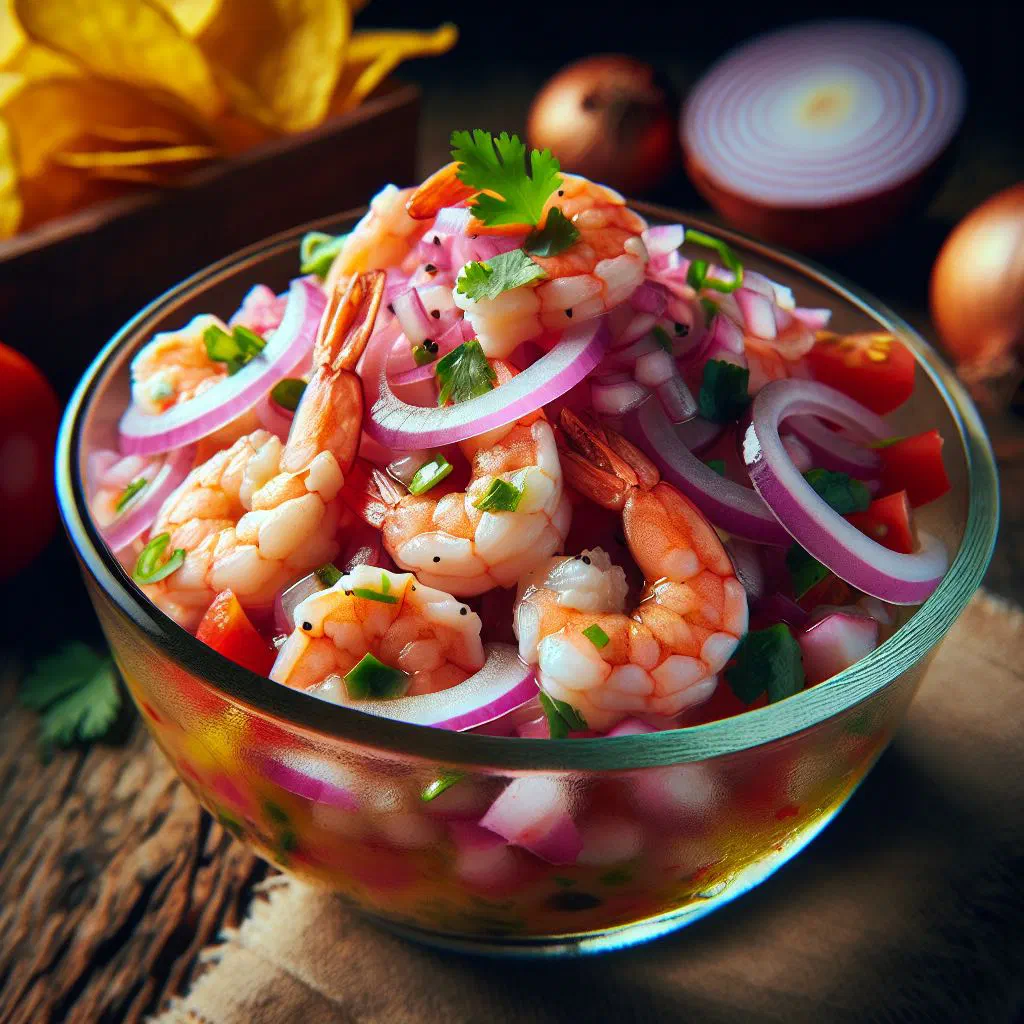 Prawn ceviche with diced tomato, cucumber, onion and coriander in a glass bowl