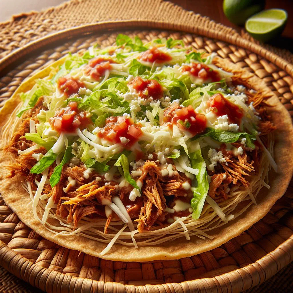 Crispy chalupas topped with shredded meat, avocado, crumbled cheese and fresh coriander