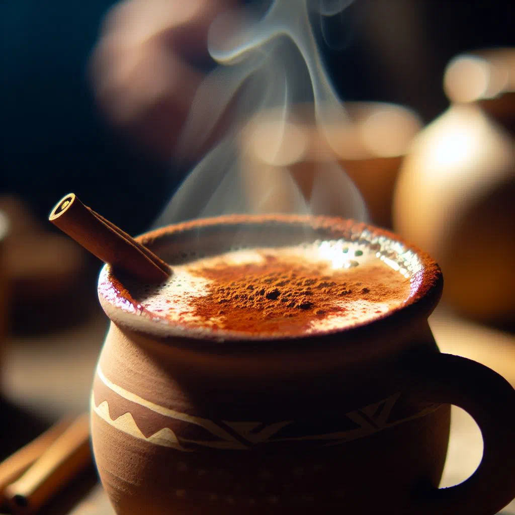 A steaming mug of thick chocolate champurrado dusted with cinnamon