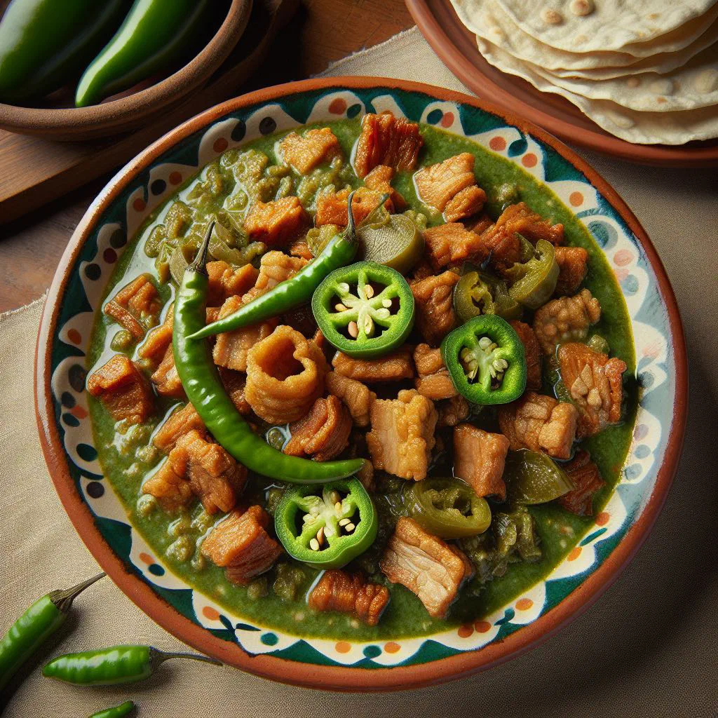 Crispy pork crackling simmered in bright green tomatillo salsa