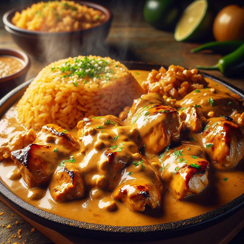 Pollo encacahuatado, tender chicken in a creamy peanut sauce served with rice and lime