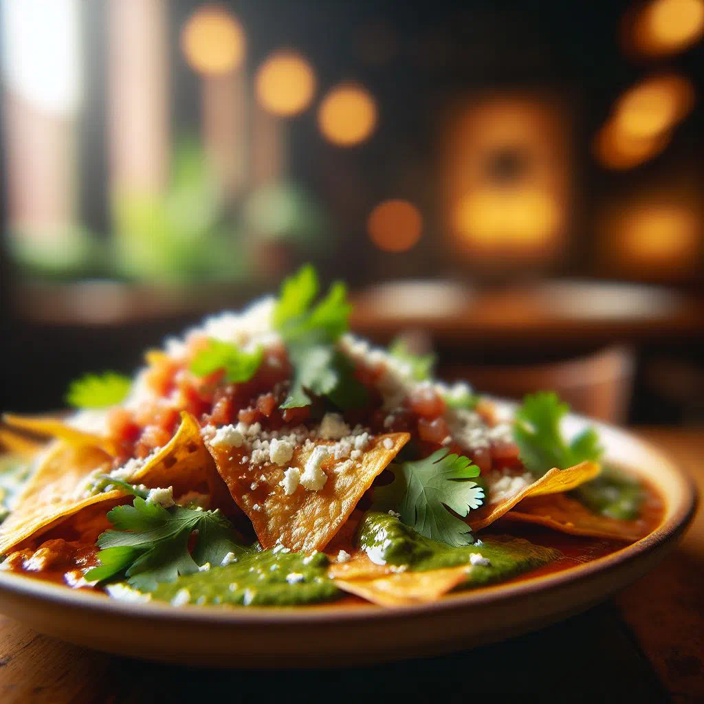 Chilaquiles topped with avocado, fried egg, cheese and fresh coriander