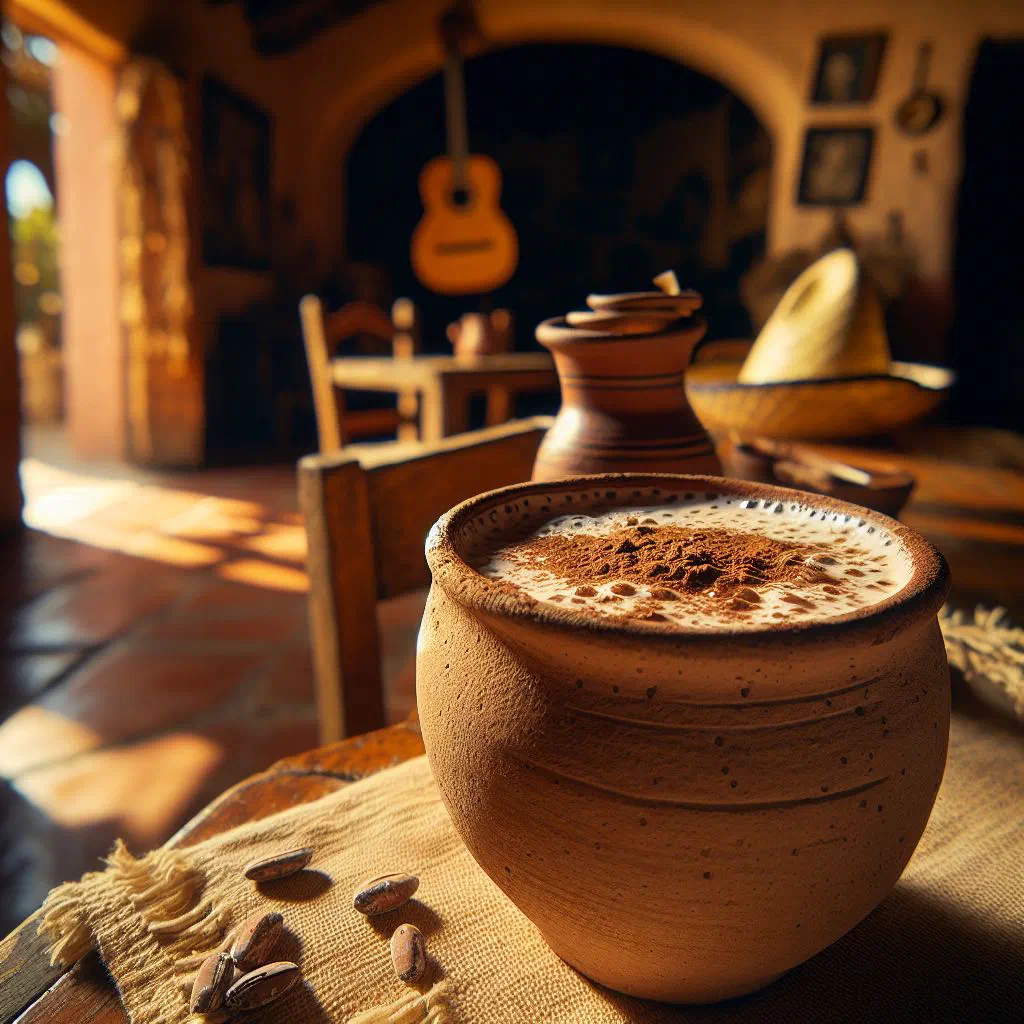 Creamy chilate de guerrero served in a clay cup with a dusting of cacao