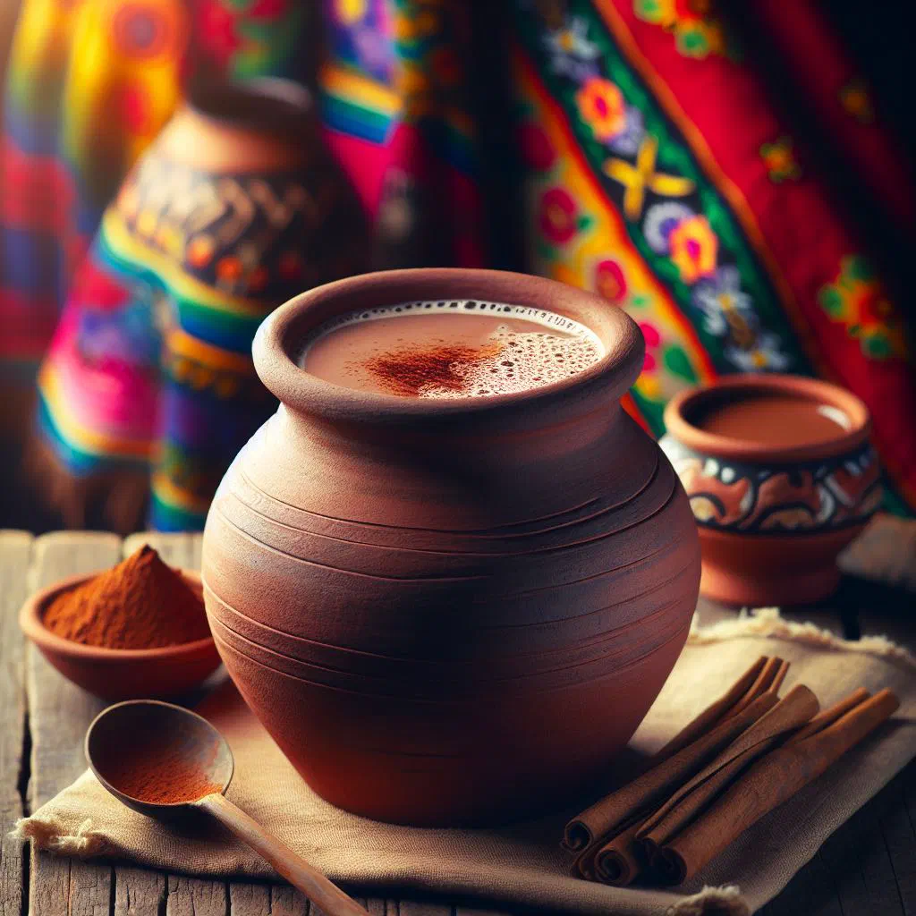 Bowl of Mexican chilate made from corn, cacao and chilli, garnished with cinnamon