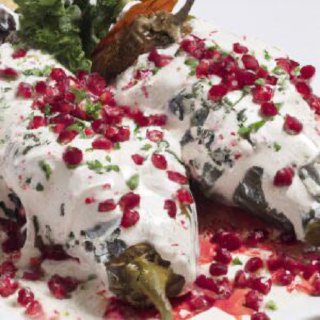 Chiles en nogada topped with creamy walnut sauce and pomegranate seeds