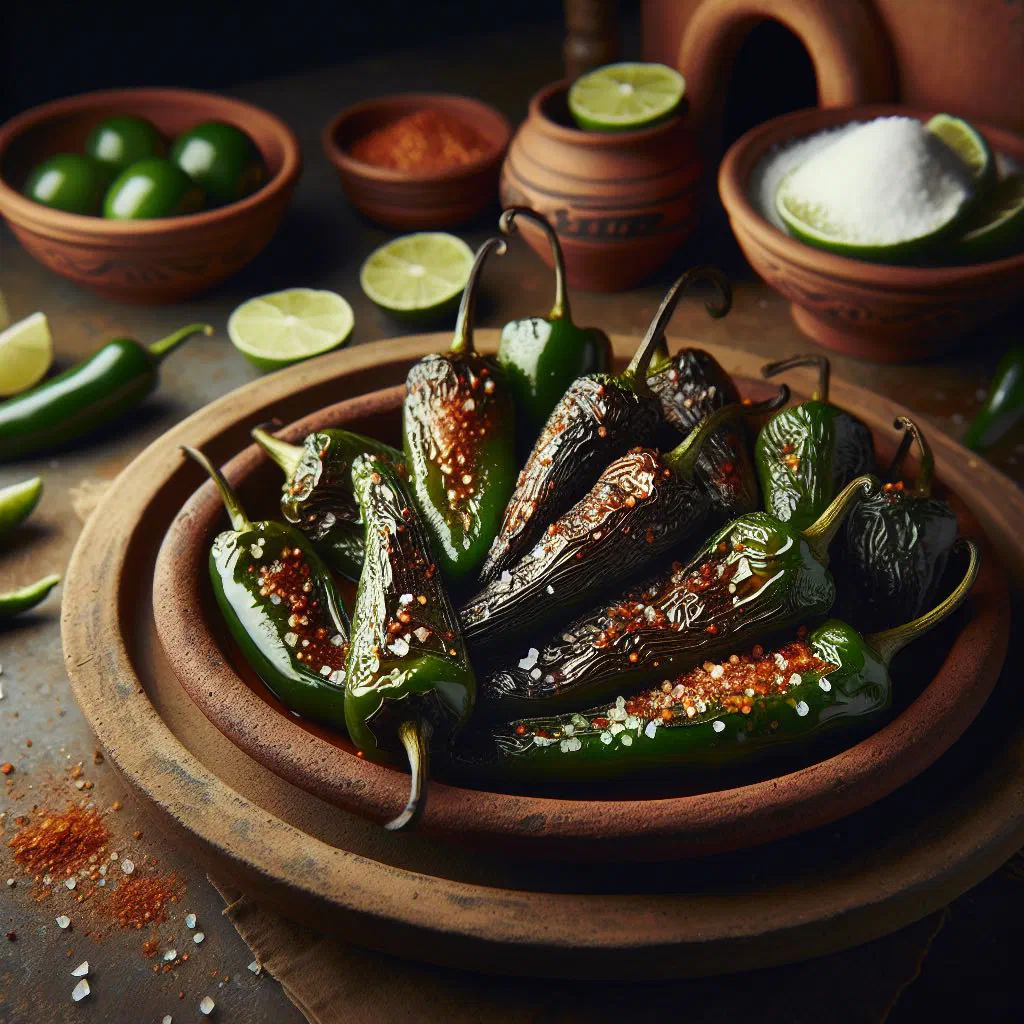 Pan-roasted blistered jalapeños with salt and a wedge of lime