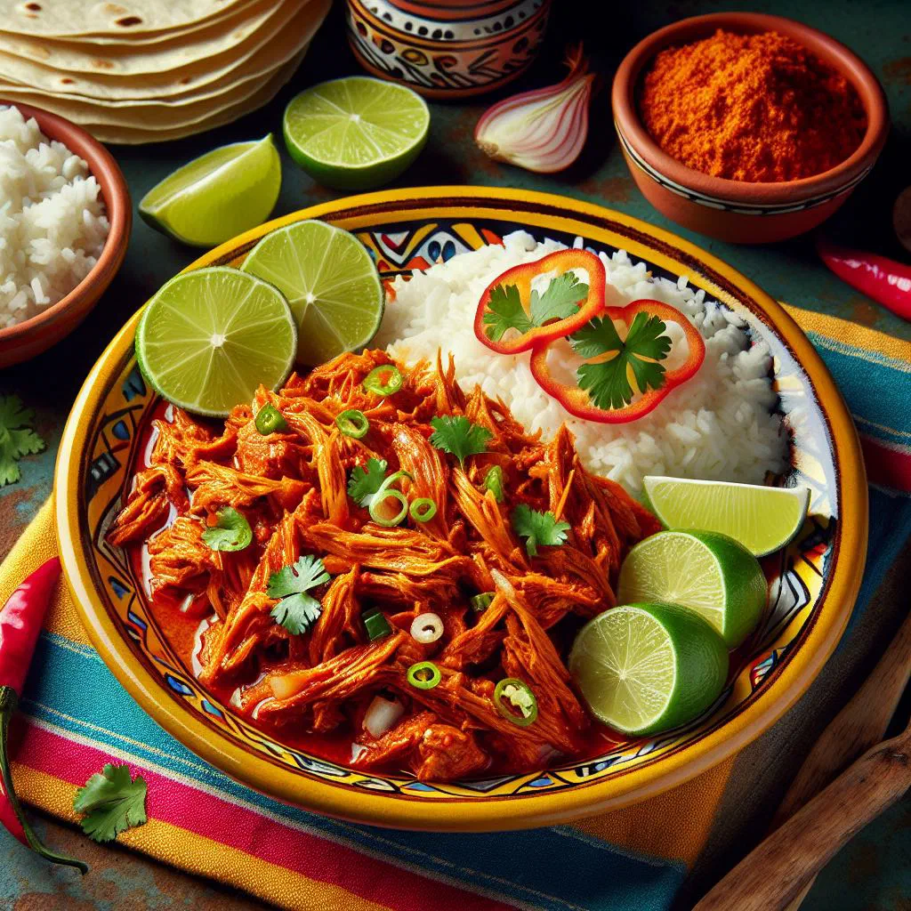 Bowl of shredded pork chilorio in rich red chilli sauce with lime
