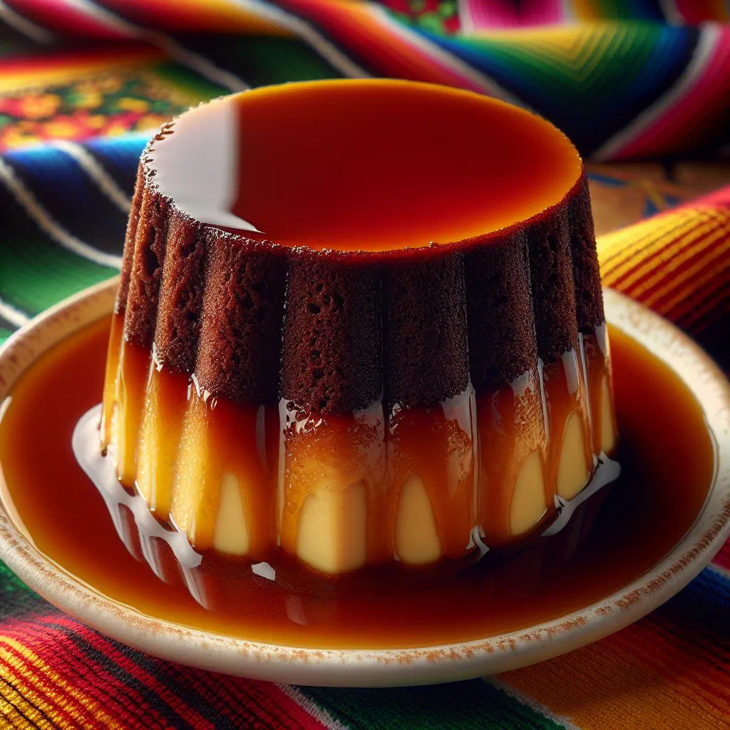 A slice of chocoflan showing a layer of chocolate cake topped with creamy flan and caramel