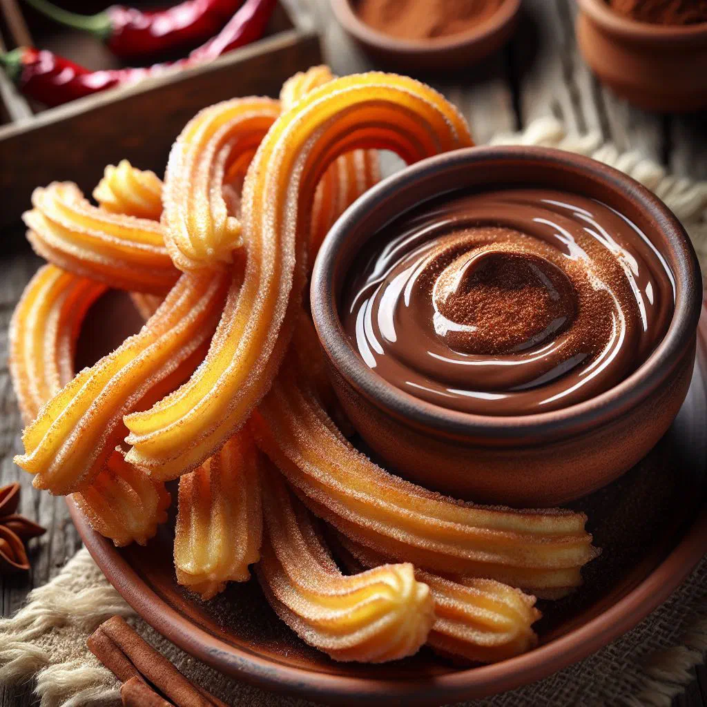 Golden churros dusted with cinnamon sugar beside a bowl of chocolate sauce