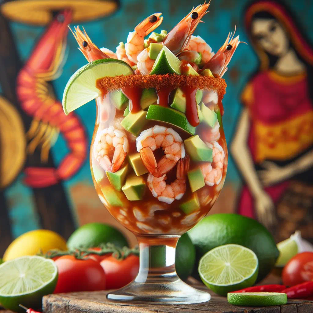 Mexican shrimp cocktail served in a tall glass with coriander and lime