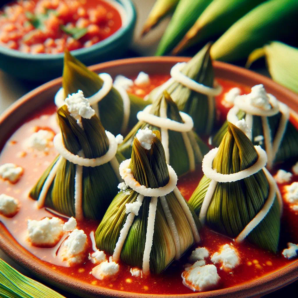 Triangular corundas wrapped in corn leaves on a plate