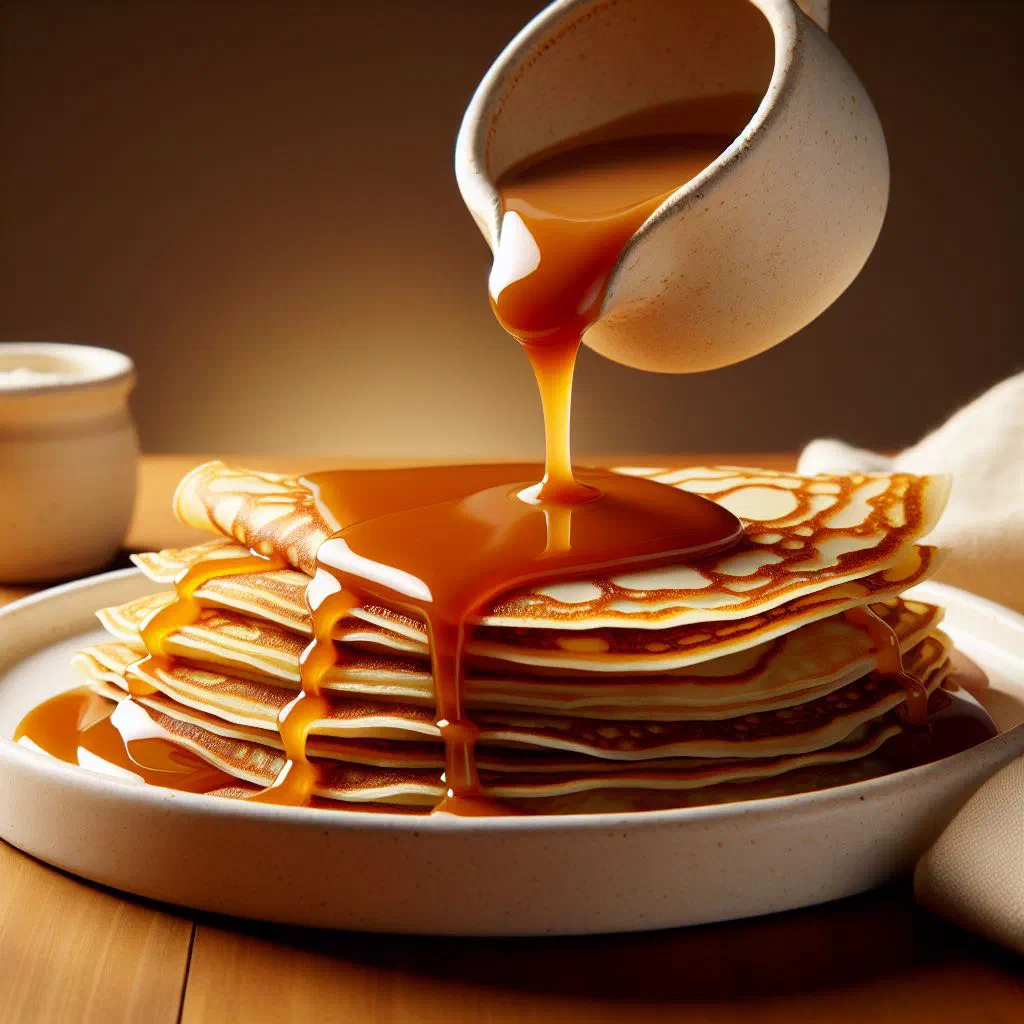 Folded crepes drizzled with golden cajeta caramel sauce