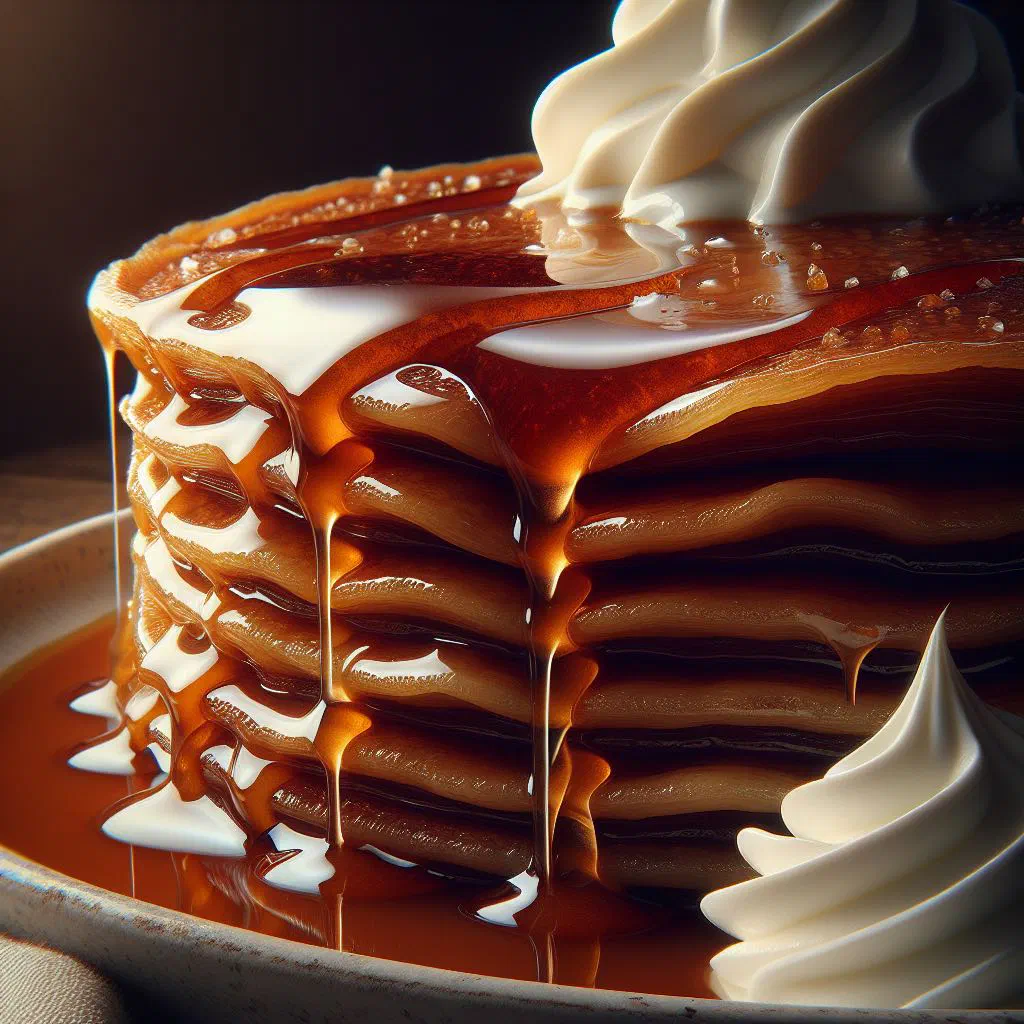 Rolled crepes drizzled with golden cajeta caramel sauce