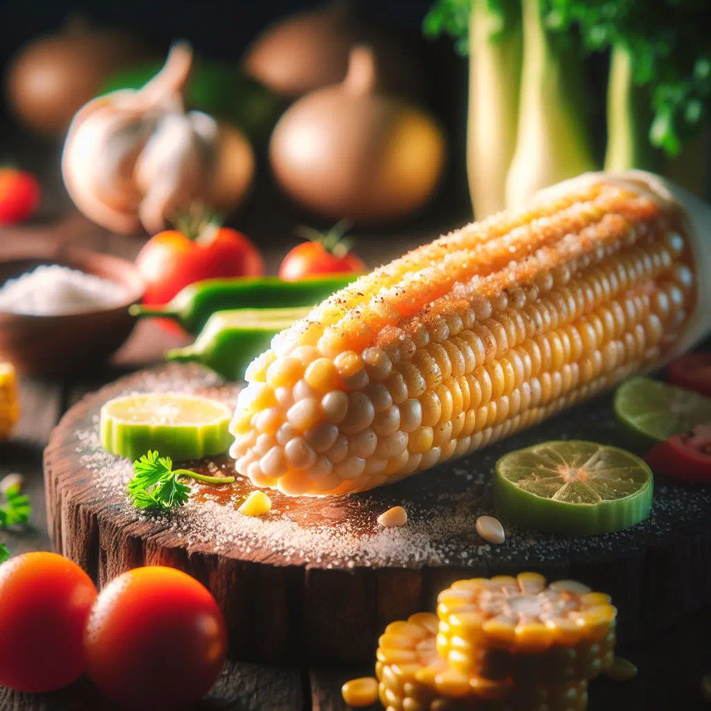 Grilled corn on the cob topped with mayonnaise, cheese and chilli