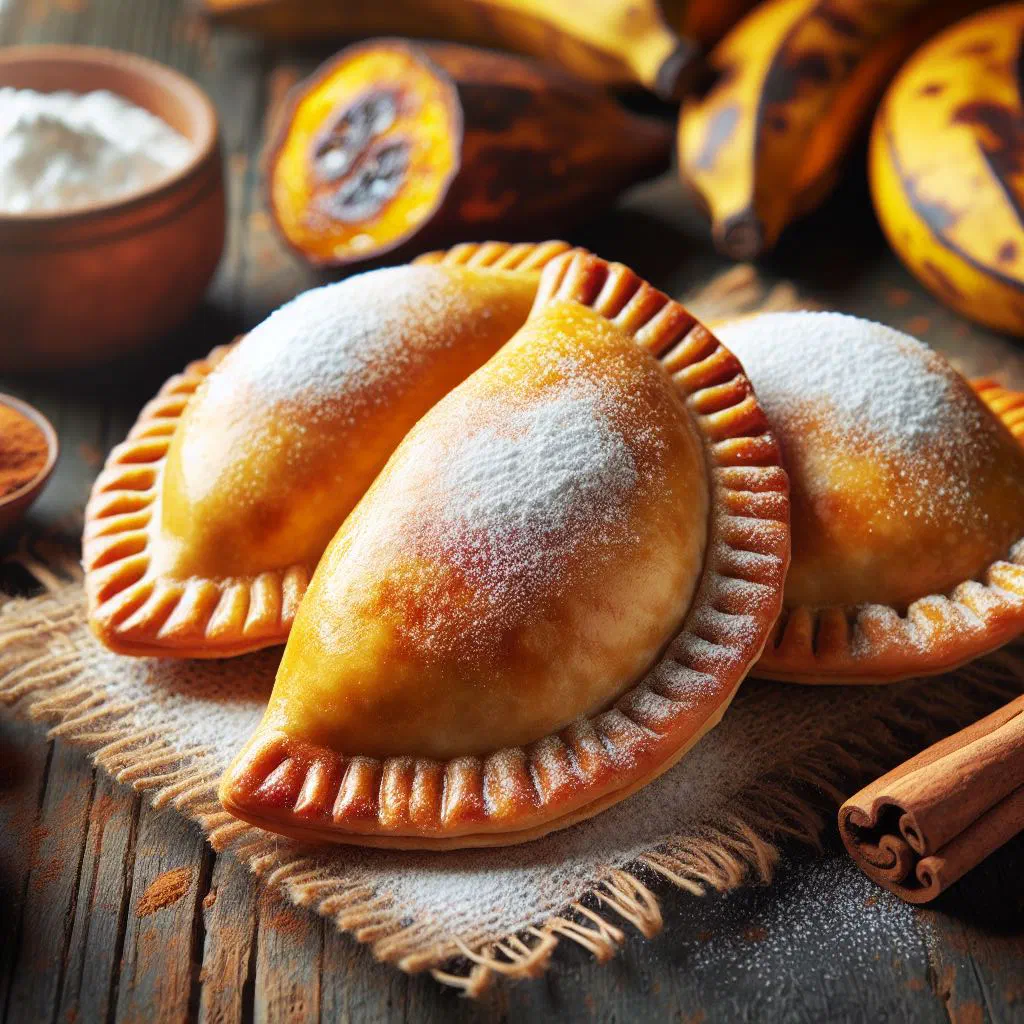 Golden fried banana empanadas dusted with icing sugar on a plate