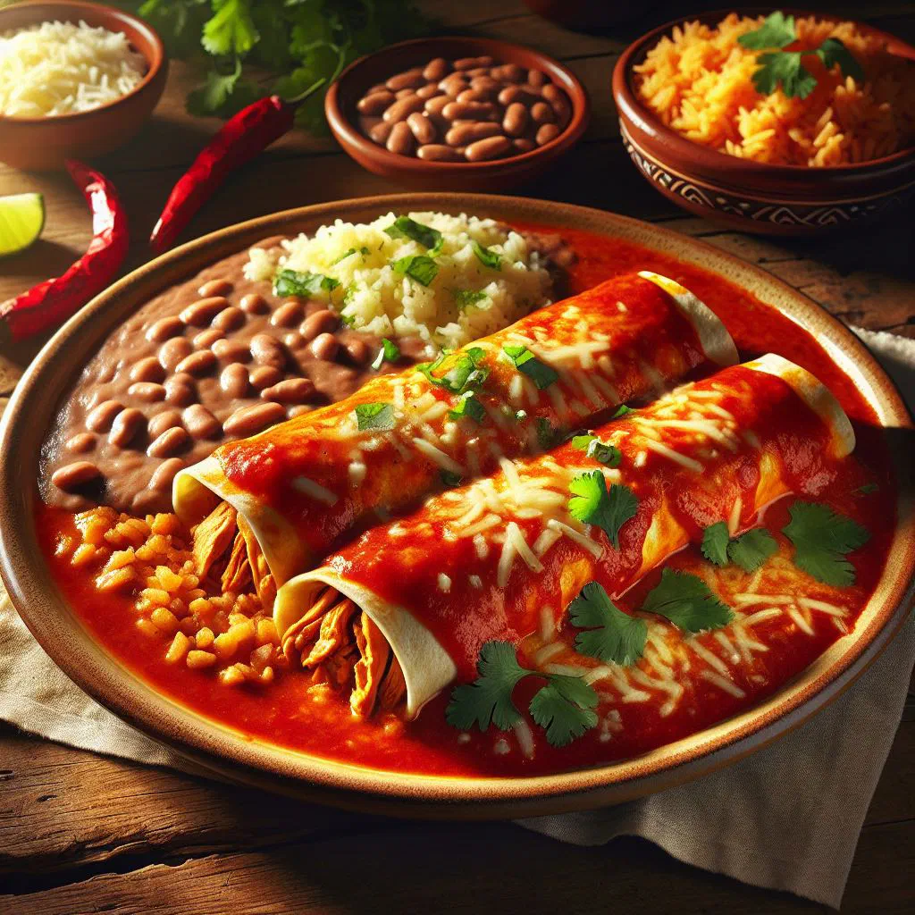 Rolled corn tortillas in red chilli sauce topped with cheese, onion and avocado