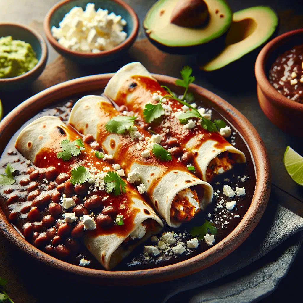 Enfrijoladas in black bean sauce topped with crumbled cheese, avocado and coriander
