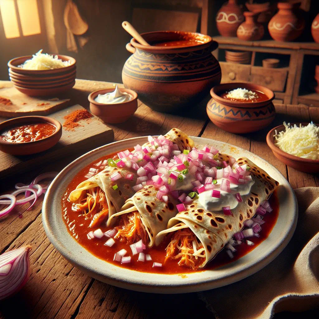Rolled entomatadas bathed in red tomato sauce, topped with crumbled cheese and coriander