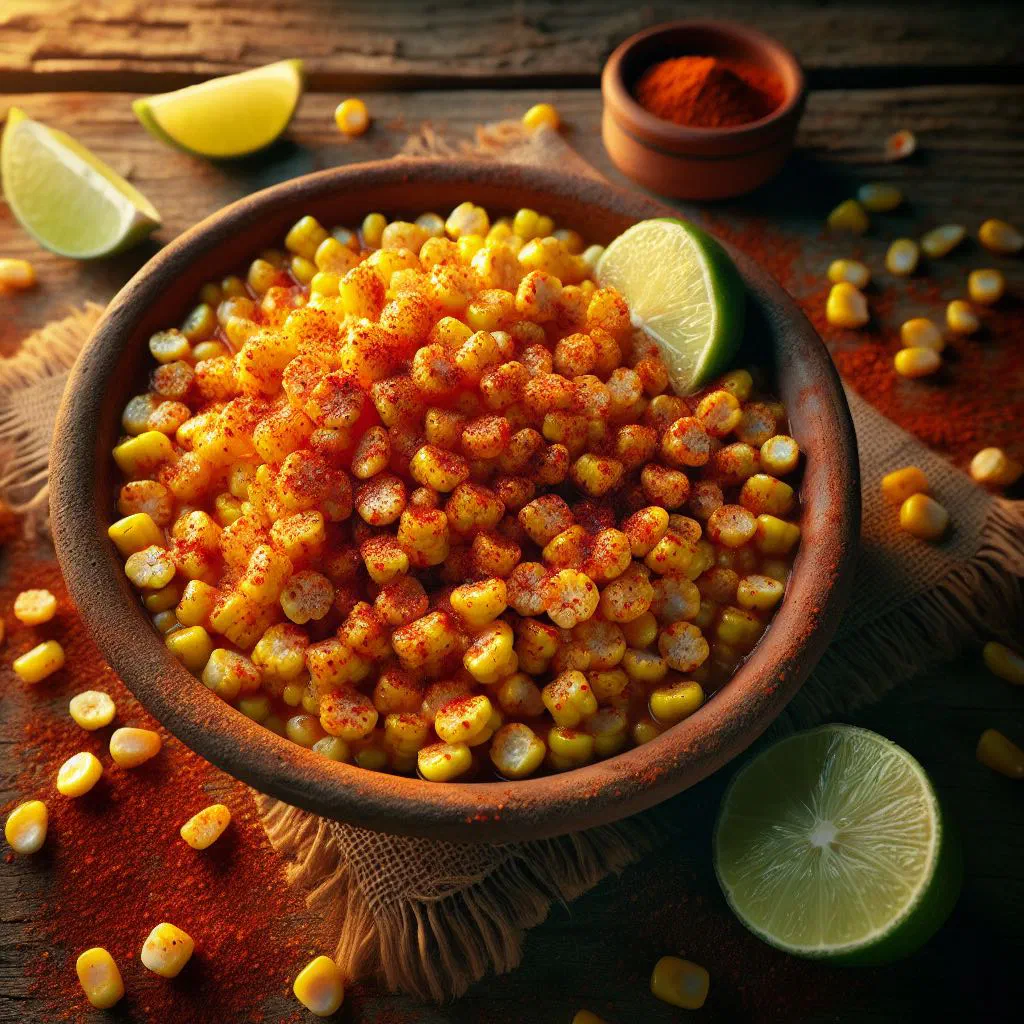 Cup of esquites con chile with corn, mayonnaise, cheese and chilli flakes