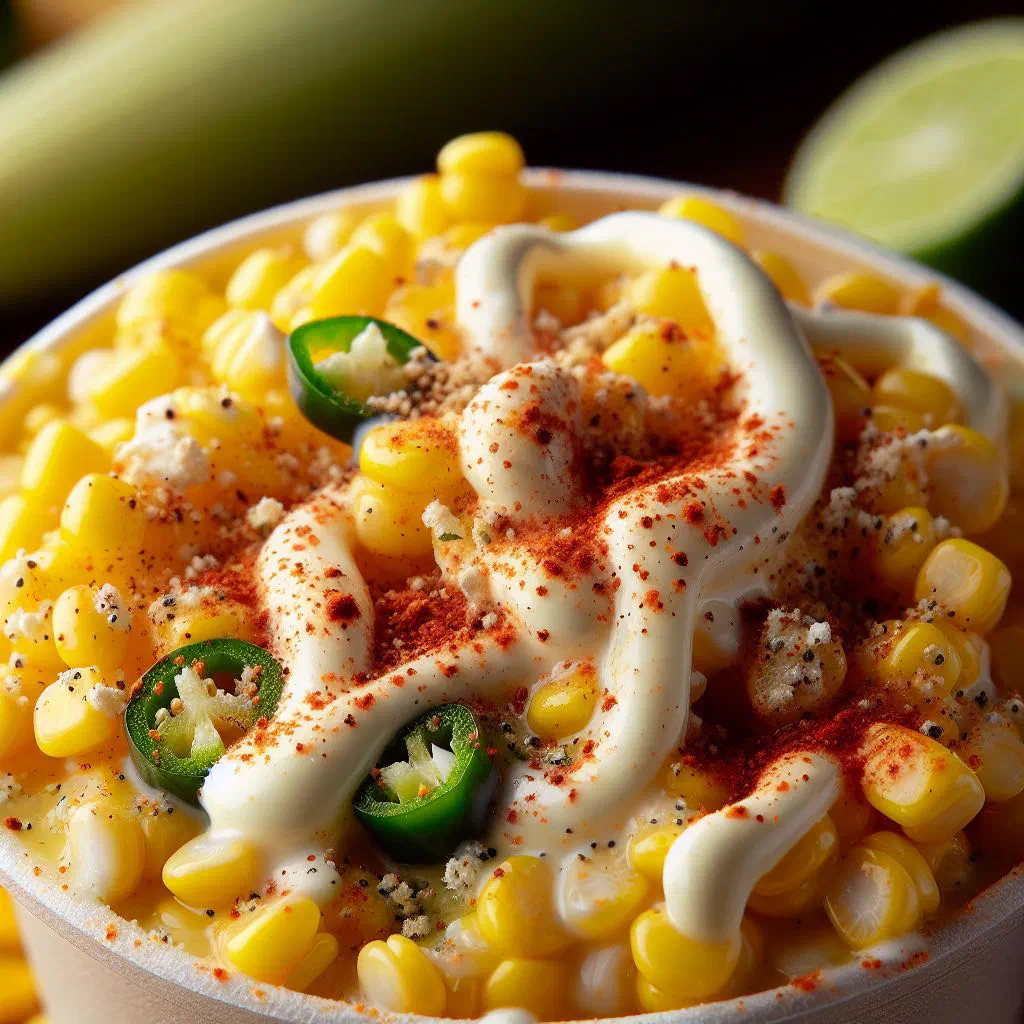 Bowl of esquites with sweetcorn, crumbled cheese, chilli powder and lime