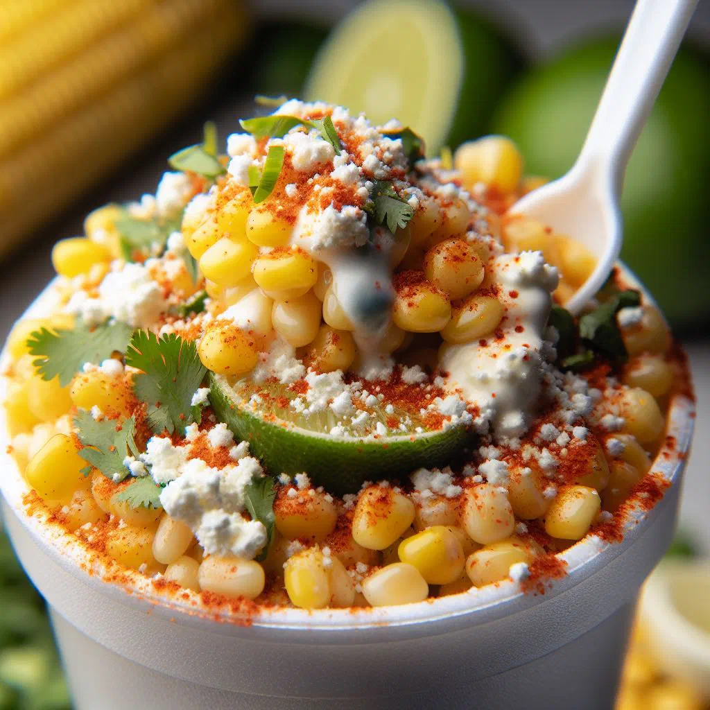 Cup of esquites topped with cheese, chilli and fresh coriander