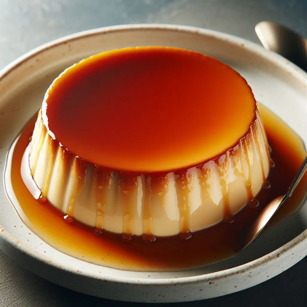 Flan Napolitano turned out onto a plate with golden caramel running down the sides