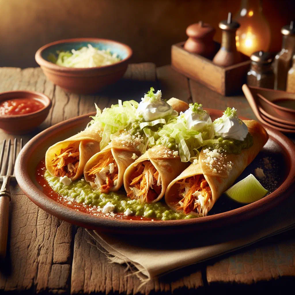Crispy rolled flautas served with guacamole, salsa and fresh salad