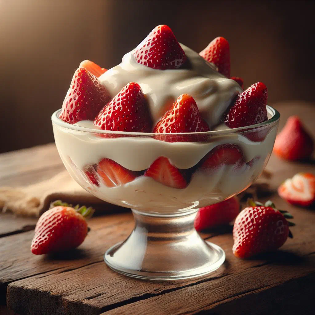 Fresas con crema served in a glass with sliced strawberries and creamy vanilla