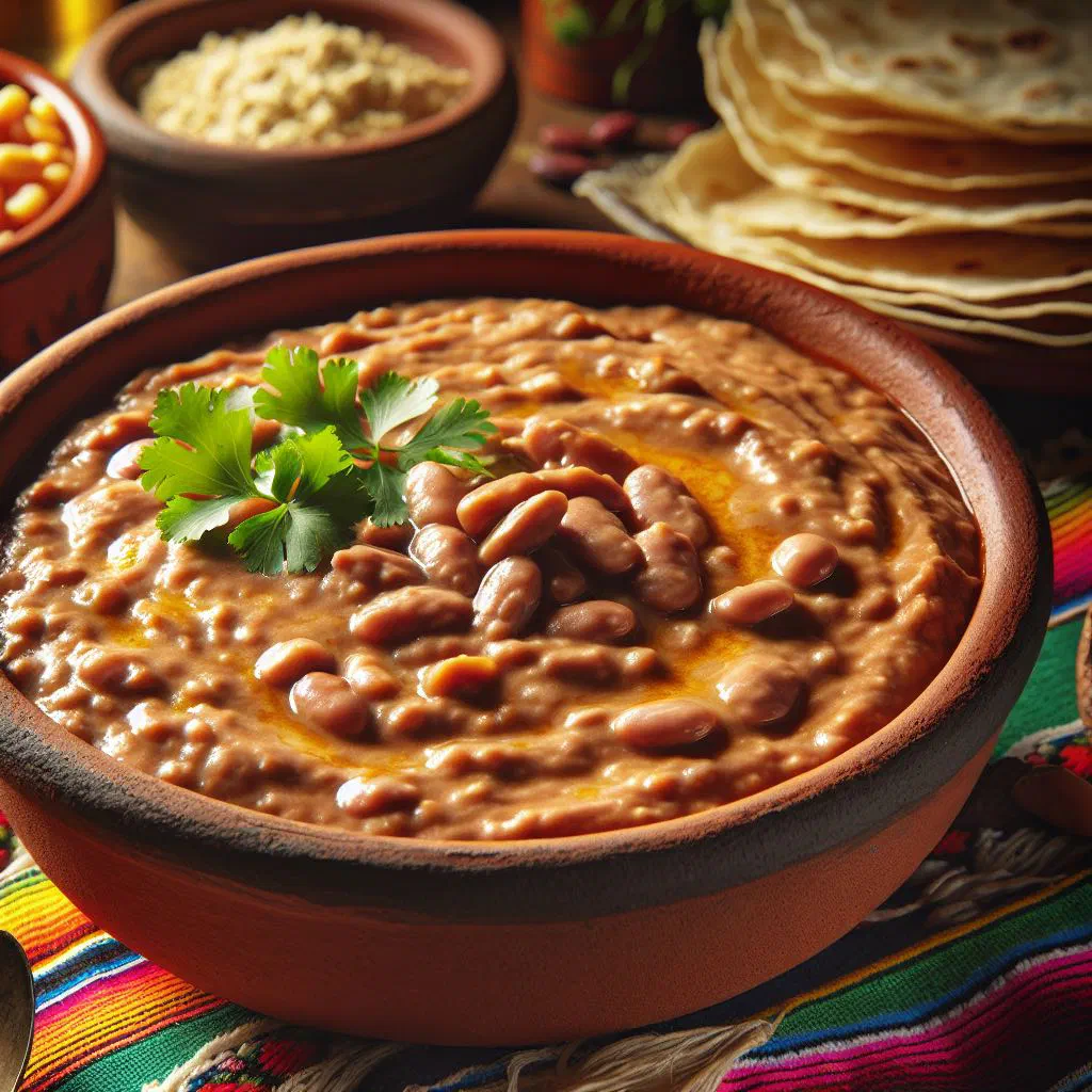 Creamy frijoles refritos in a rustic bowl with fresh coriander and a lime wedge