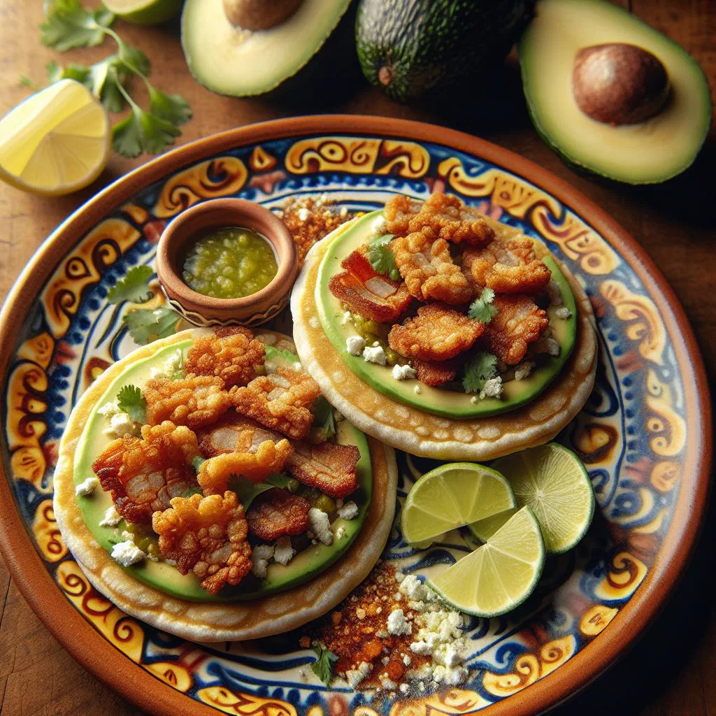 Golden gorditas de chicharrón split and filled, served with salsa