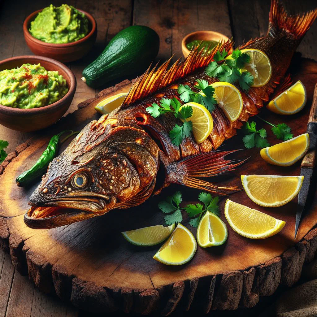 Whole grilled pejelagarto fish on a board with lime and fresh herbs