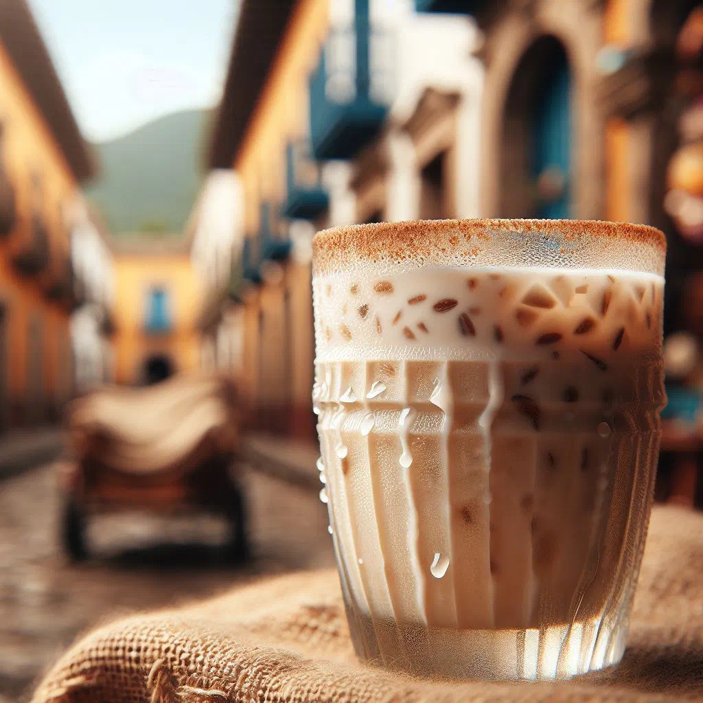 A tall glass of creamy horchata served over ice with a cinnamon stick