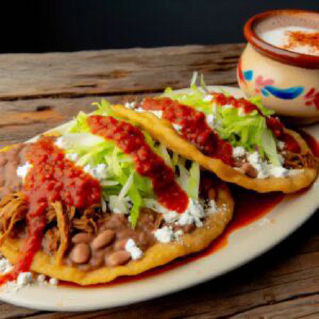 Mexican huaraches topped with beans, meat, salsa and cheese