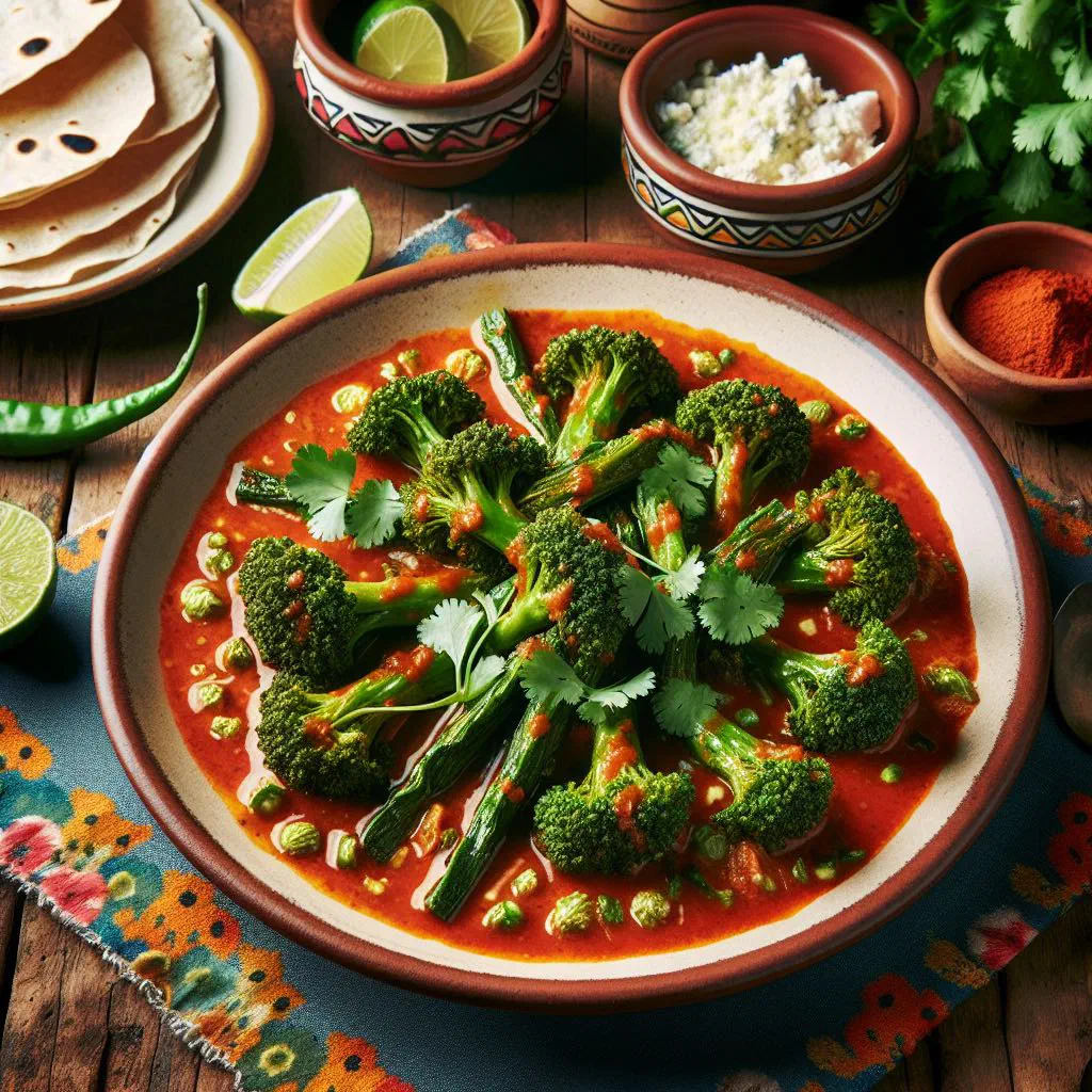Huauzontles en salsa roja served in a bowl with a red tomato sauce