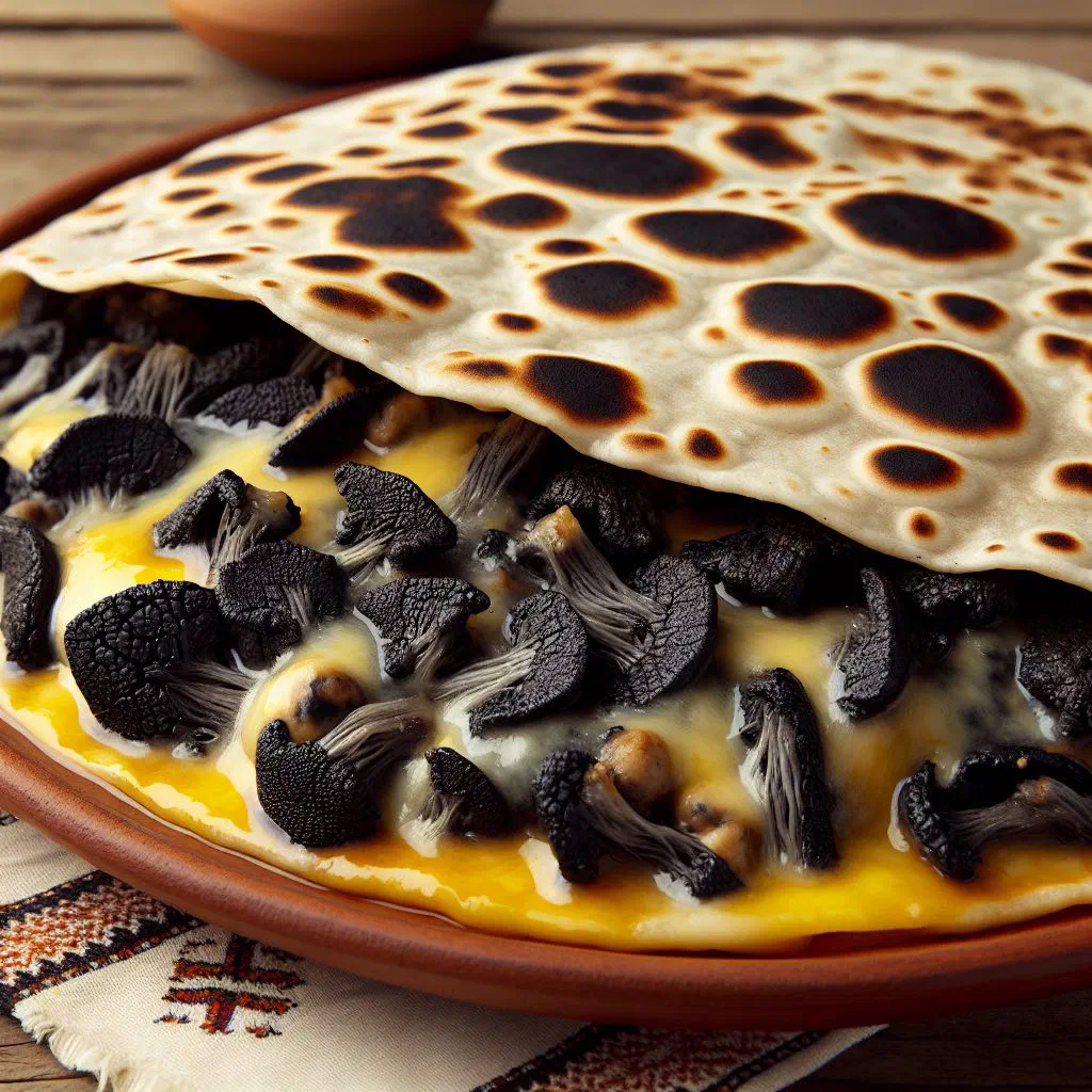 Golden folded huitlacoche quesadilla garnished with fresh coriander