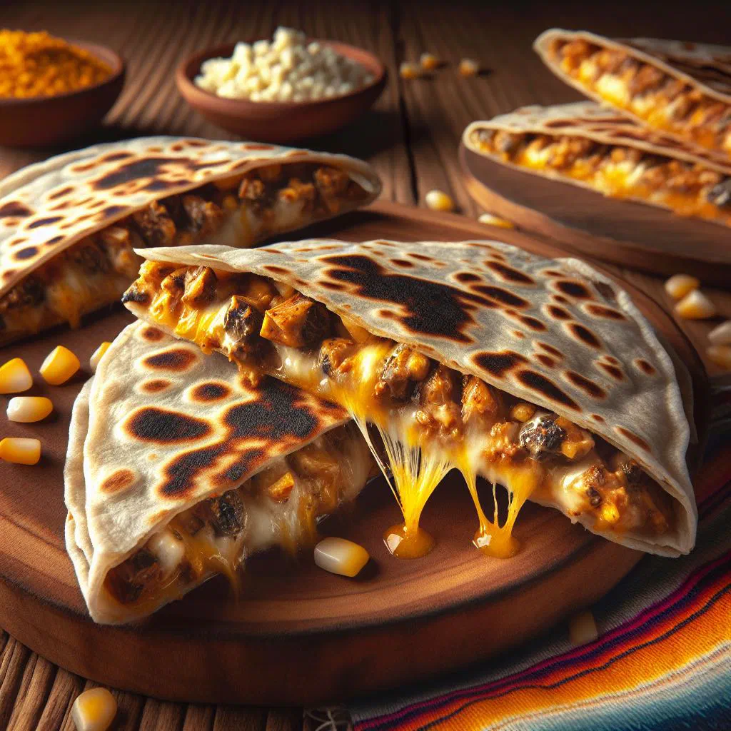 Folded quesadillas filled with huitlacoche and melted cheese, garnished with coriander