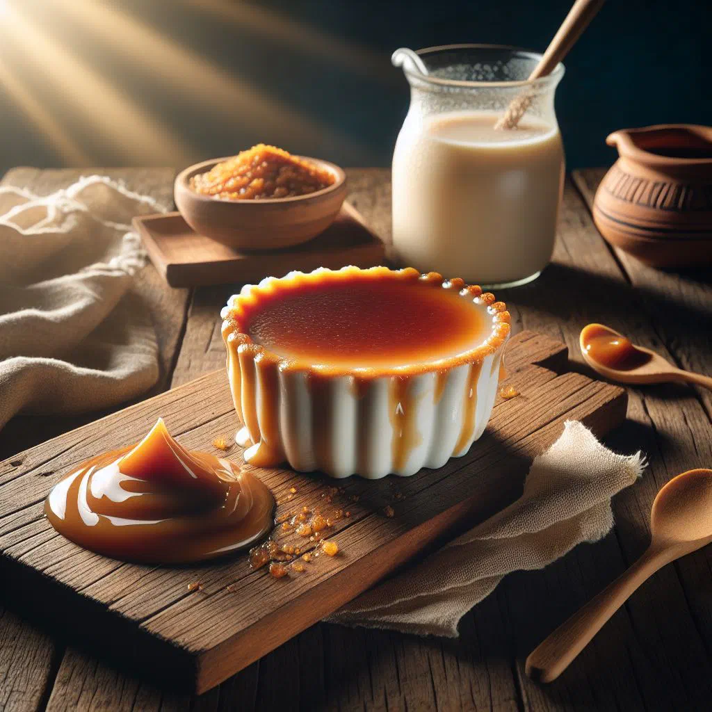 Creamy leche quemada con cajeta served in a bowl with caramel sauce