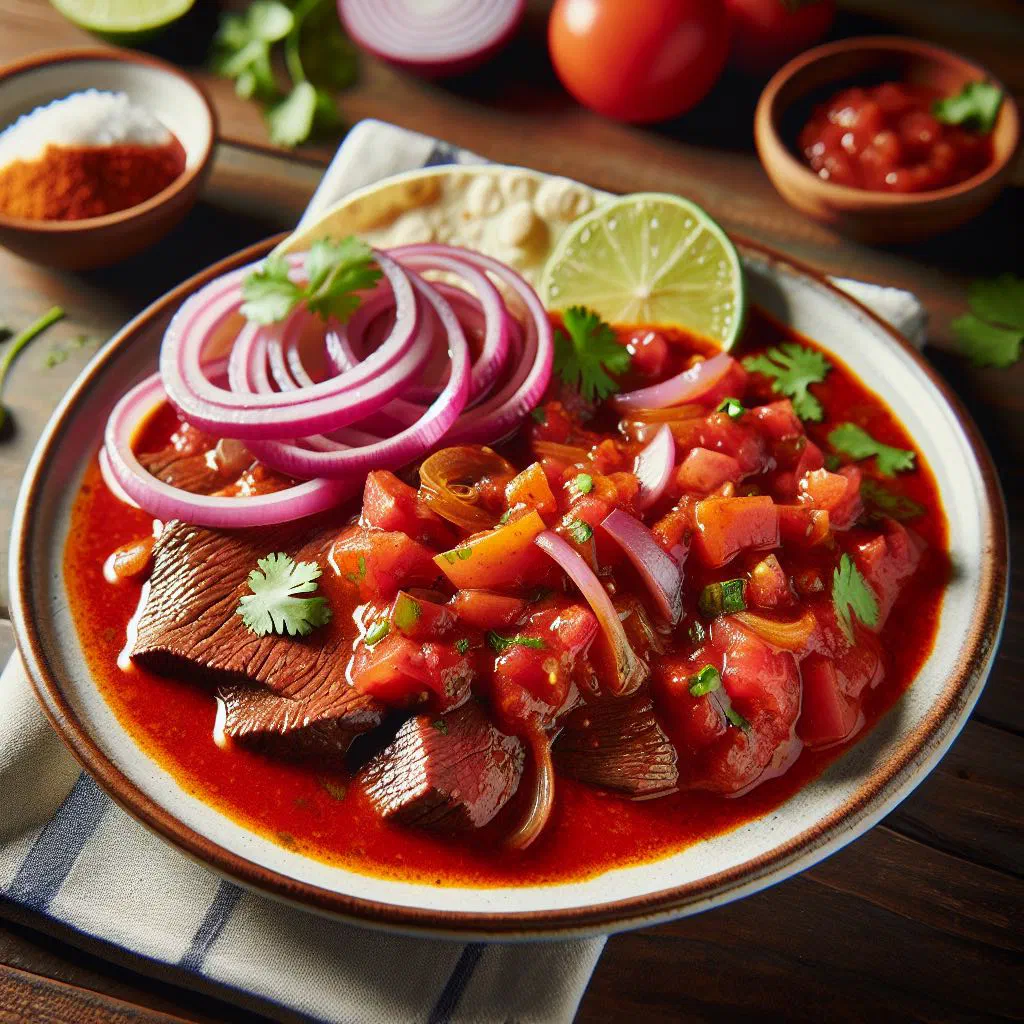 Tender beef tongue in a rich red tomato and chilli sauce garnished with coriander