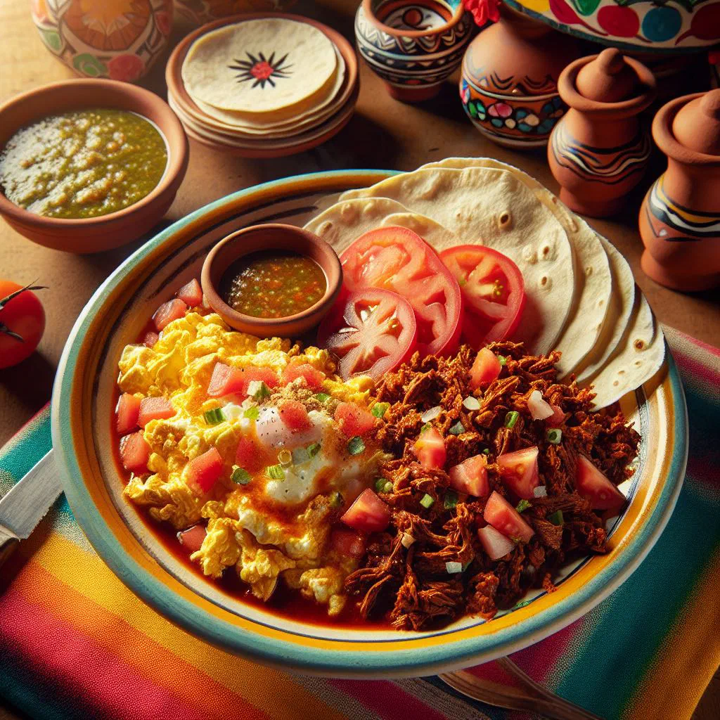 Machacado con huevo with shredded dried beef, eggs and chillies